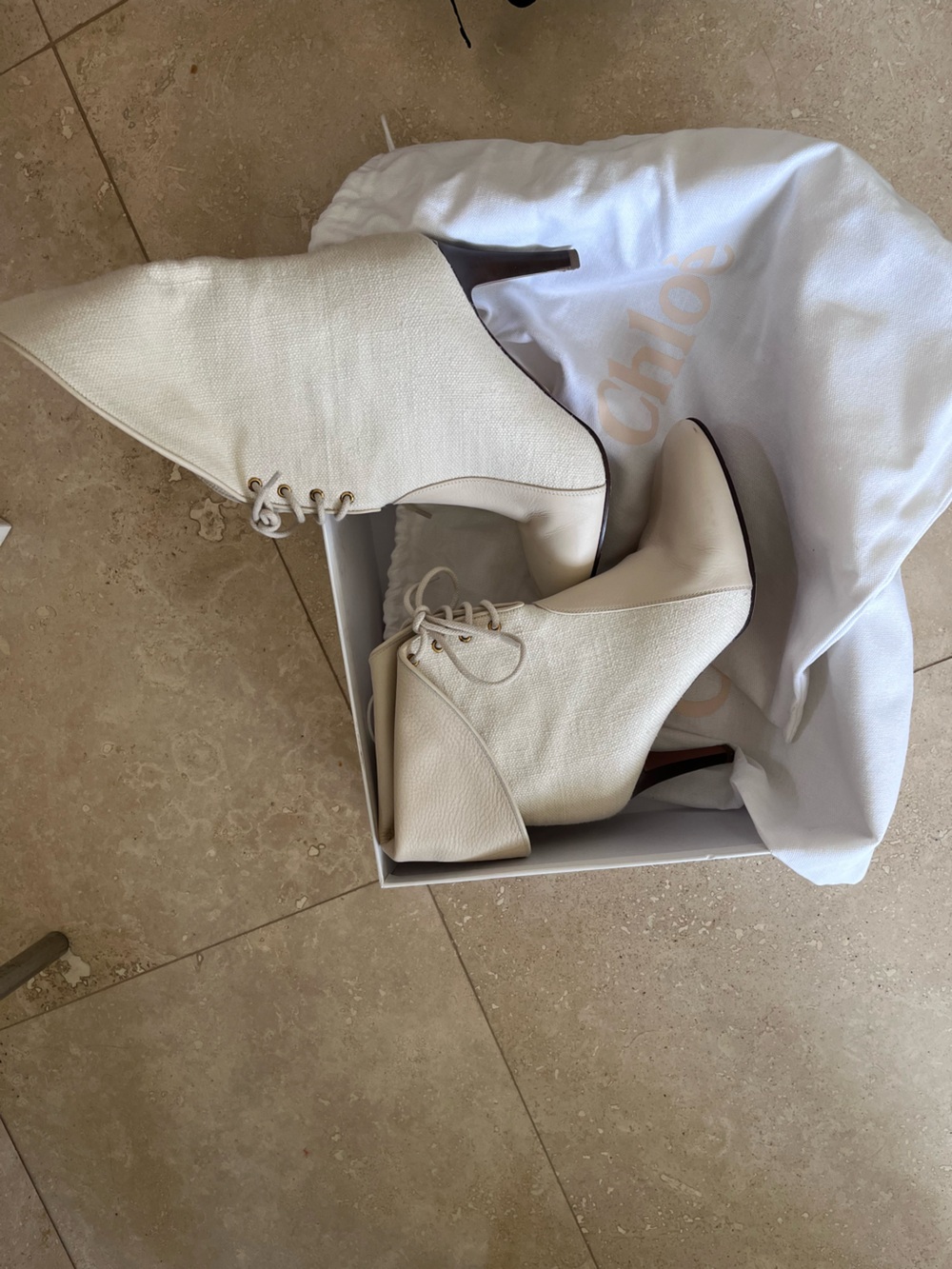 Chloe Cream Leather$Canvas Lace-Up Ankle Boots